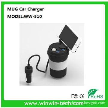 Mug Style Power 3.4A Dual USB Car Charger with Mobile Holder